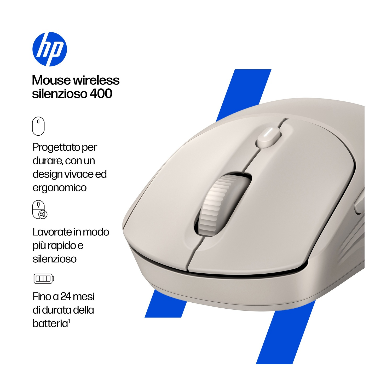 Un mouse HP wireless beige. Ha una rotella e dei pulsanti. Il testo include 'Mouse wireless silenzioso 400' e la durata della batteria.