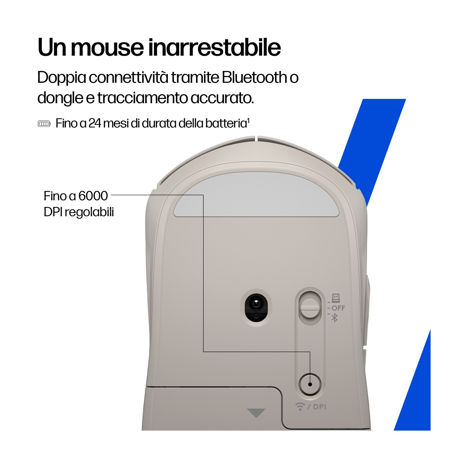 Un mouse beige, con DPI regolabili e connettività Bluetooth. Ha un interruttore di accensione/spegnimento e una durata della batteria fino a 24 mesi.