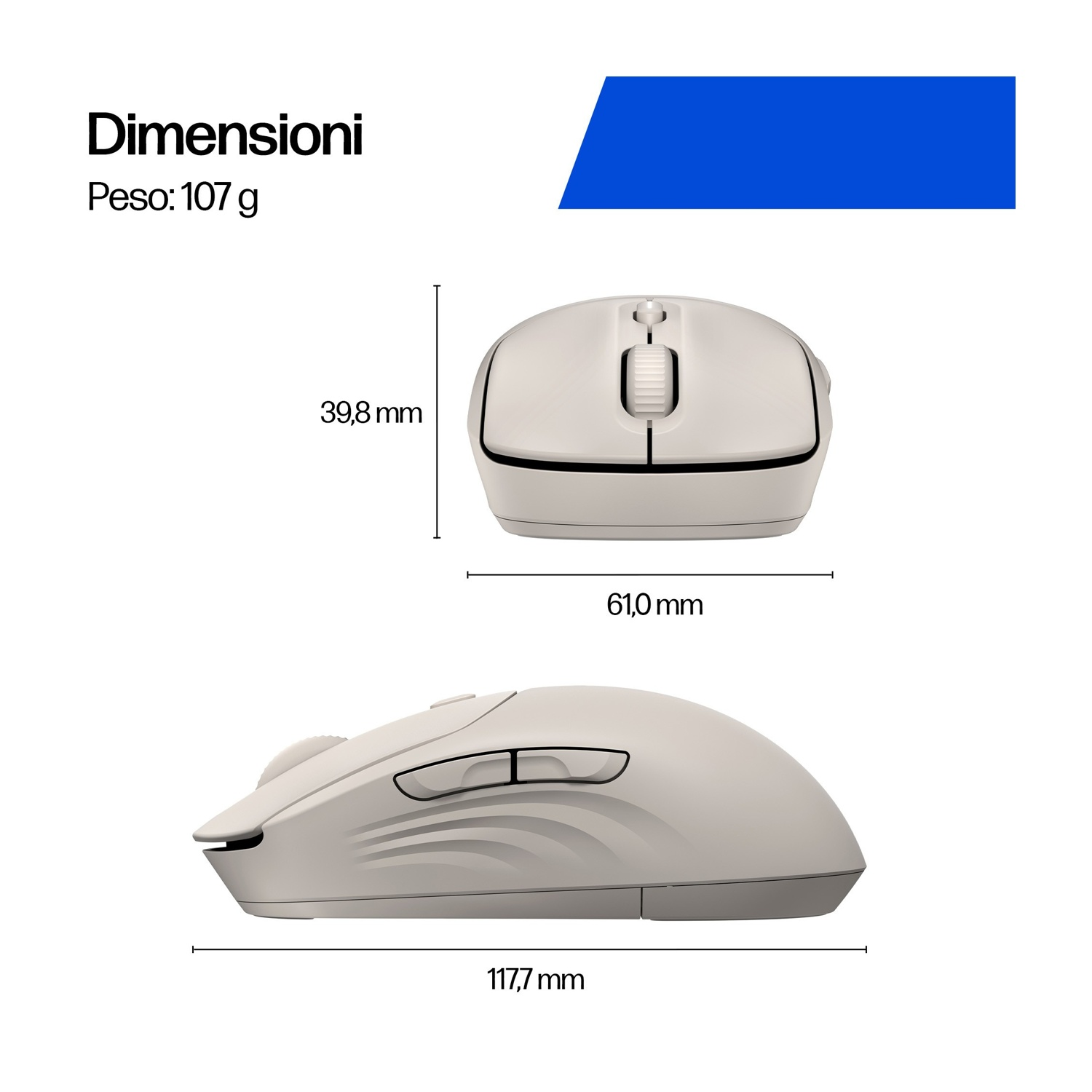Un mouse per computer bianco con dimensioni e peso. Presenta due viste: dall'alto e laterale. Una forma blu in alto.