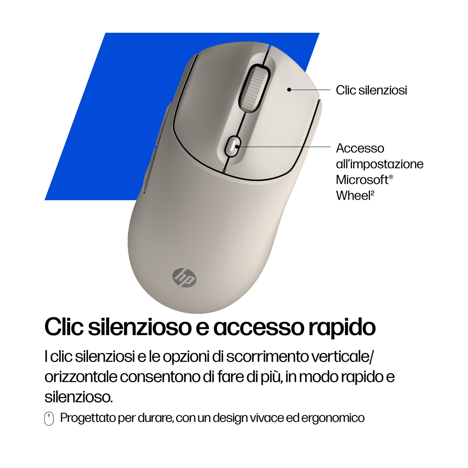 Un mouse HP beige chiaro è mostrato con rotella e pulsanti. Il testo descrive clic silenziosi e accesso rapido.