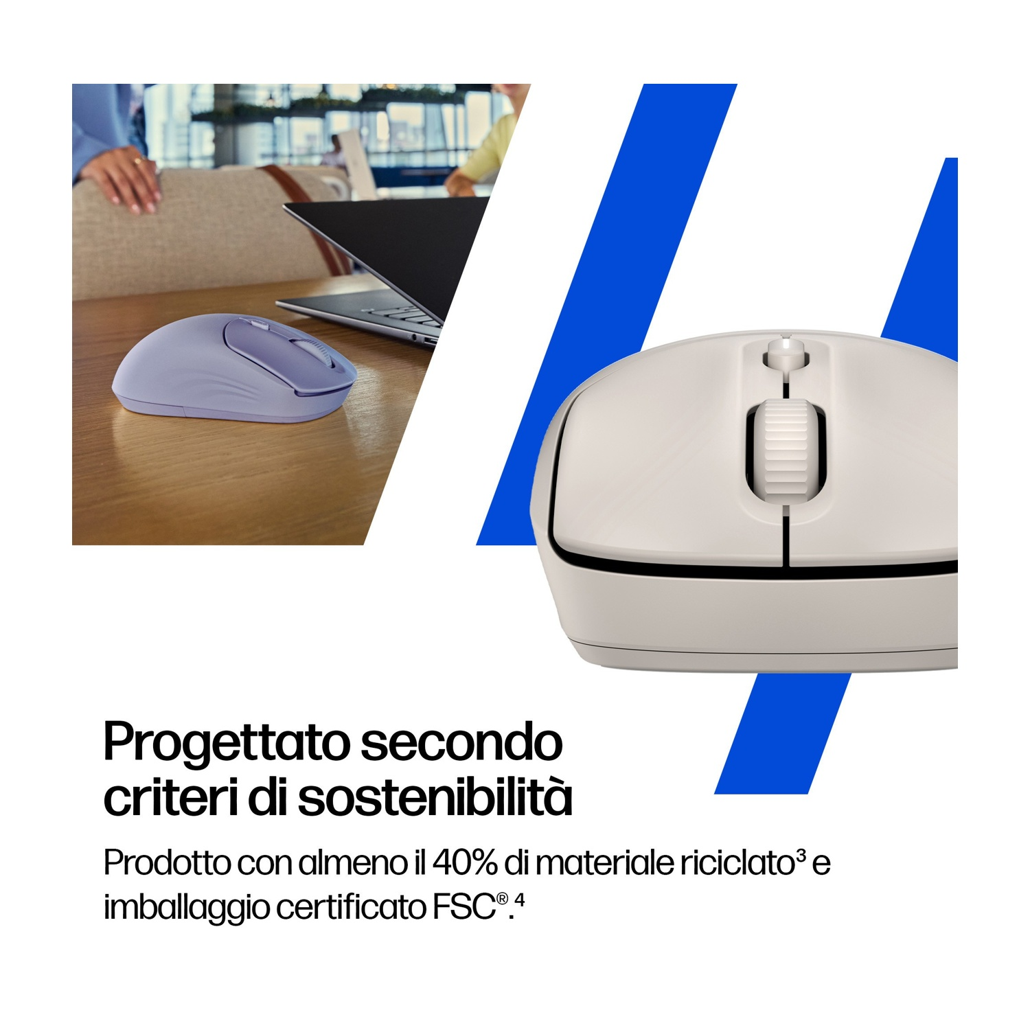 Un'immagine mostra un mouse per computer lilla accanto a un mouse bianco. Il testo indica che il prodotto è realizzato con materiali riciclati.