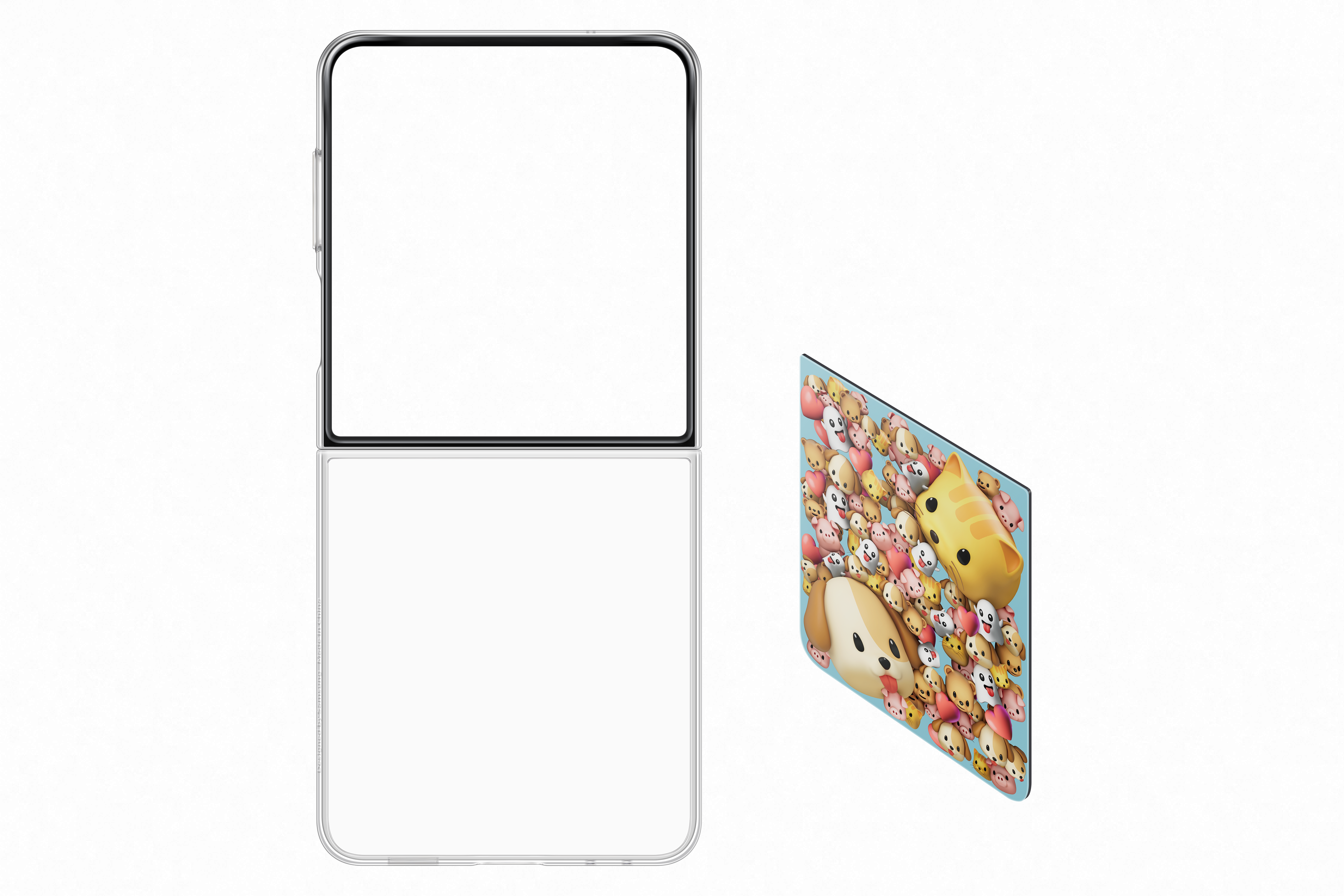 Faltbares Telefon und ein blaues Tablet mit Cartoon-Tierfiguren.