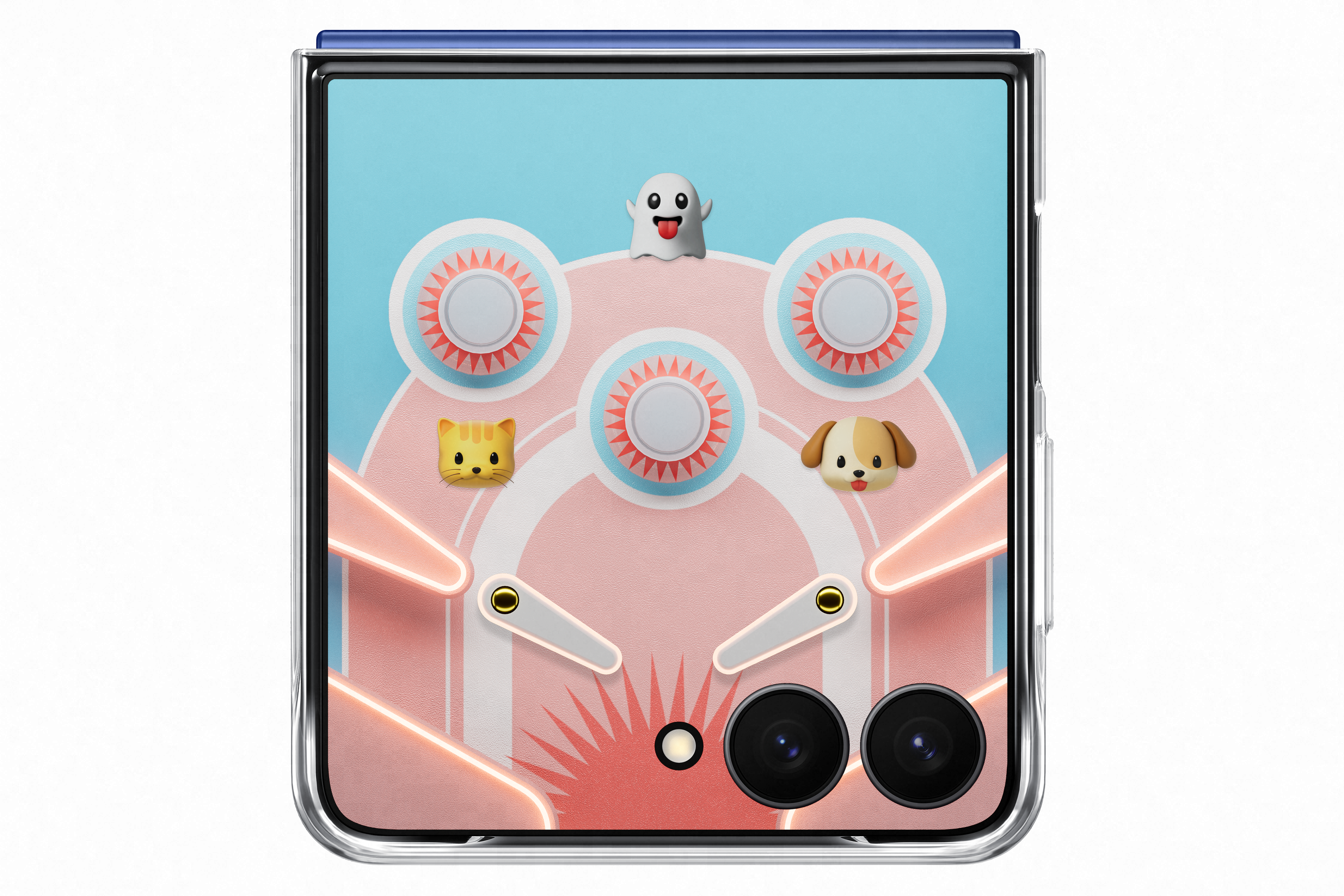 Smartphone-Bildschirm zeigt ein Flipper-Spiel mit einem Geist, einer Katze und einem Hund. Pink, Blau und Weiß dominieren.