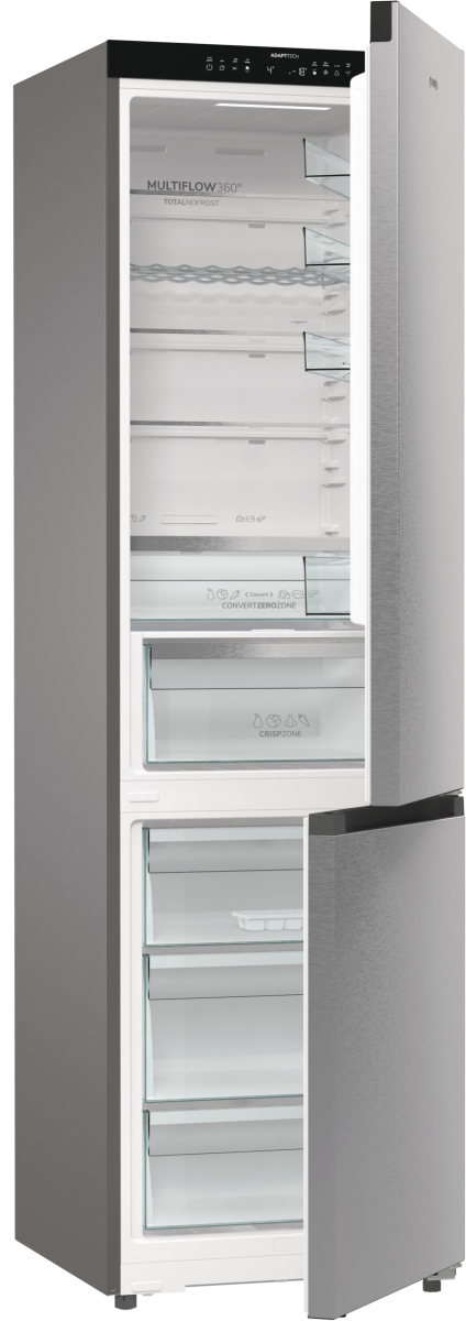 Offener Kühlschrank. Innen: Regale, Schubladen und Labels: Multiflow 360, Convert Zero Zone und Crisp Zone. Edelstahl Türen.