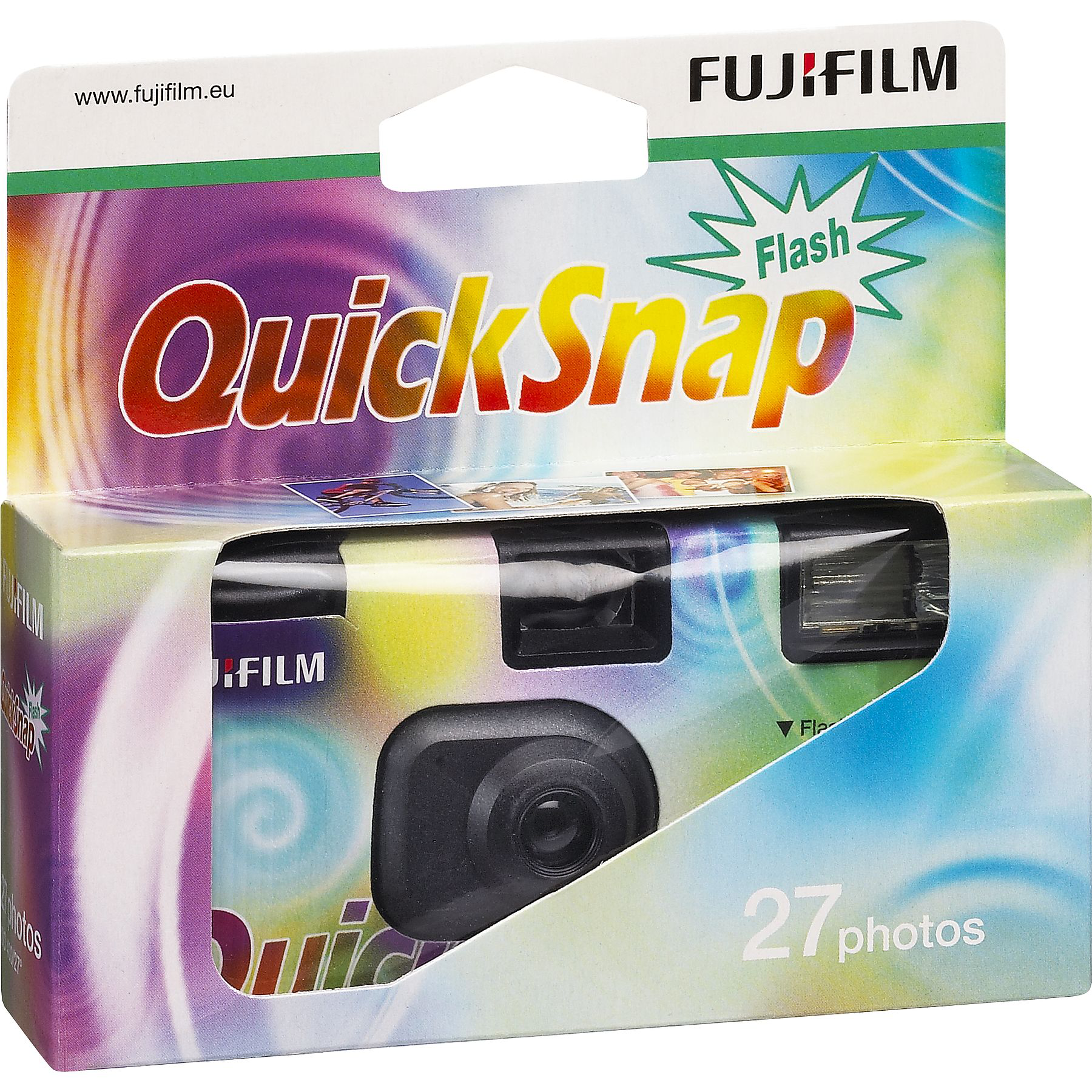 Egy Fujifilm QuickSnap kamera doboz. Többszínű, a QuickSnap szóval nagy betűkkel. A 27-es szám is szerepel rajta.
