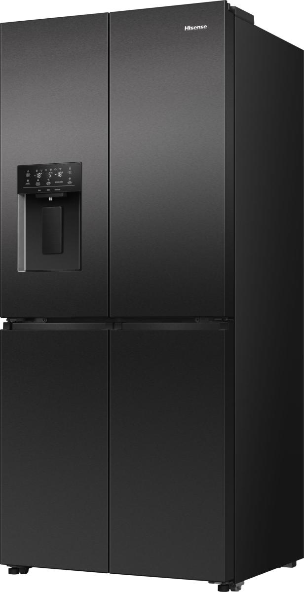 Ein schwarzer Hisense-Kühlschrank mit vier Türen. Er hat einen Wasserspender und ein Digitaldisplay.