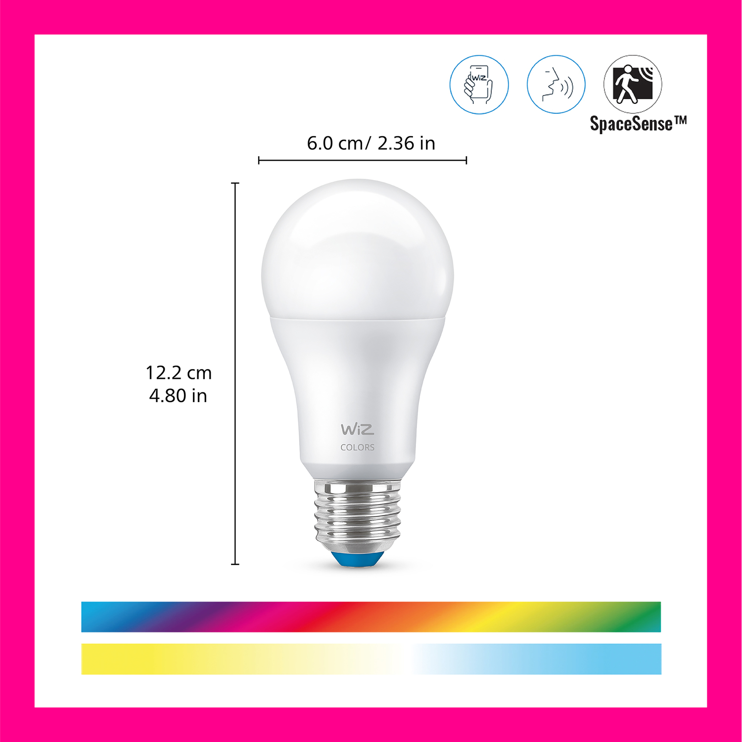 Een witte WiZ Colors LED-lamp. Afmetingen worden weergegeven. Pictogrammen tonen slimme functies. Een roze rand omringt de afbeelding.