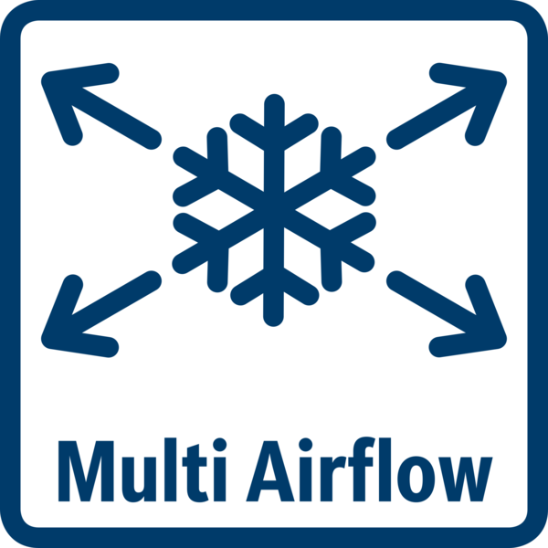 "Multi Airflow" yazılı, kar tanesi simgesi, dört ok ve mavi kare.