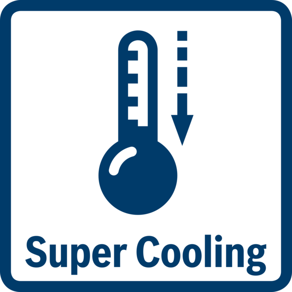 Termometre ve aşağı ok içeren, 'Super Cooling' yazılı simge.