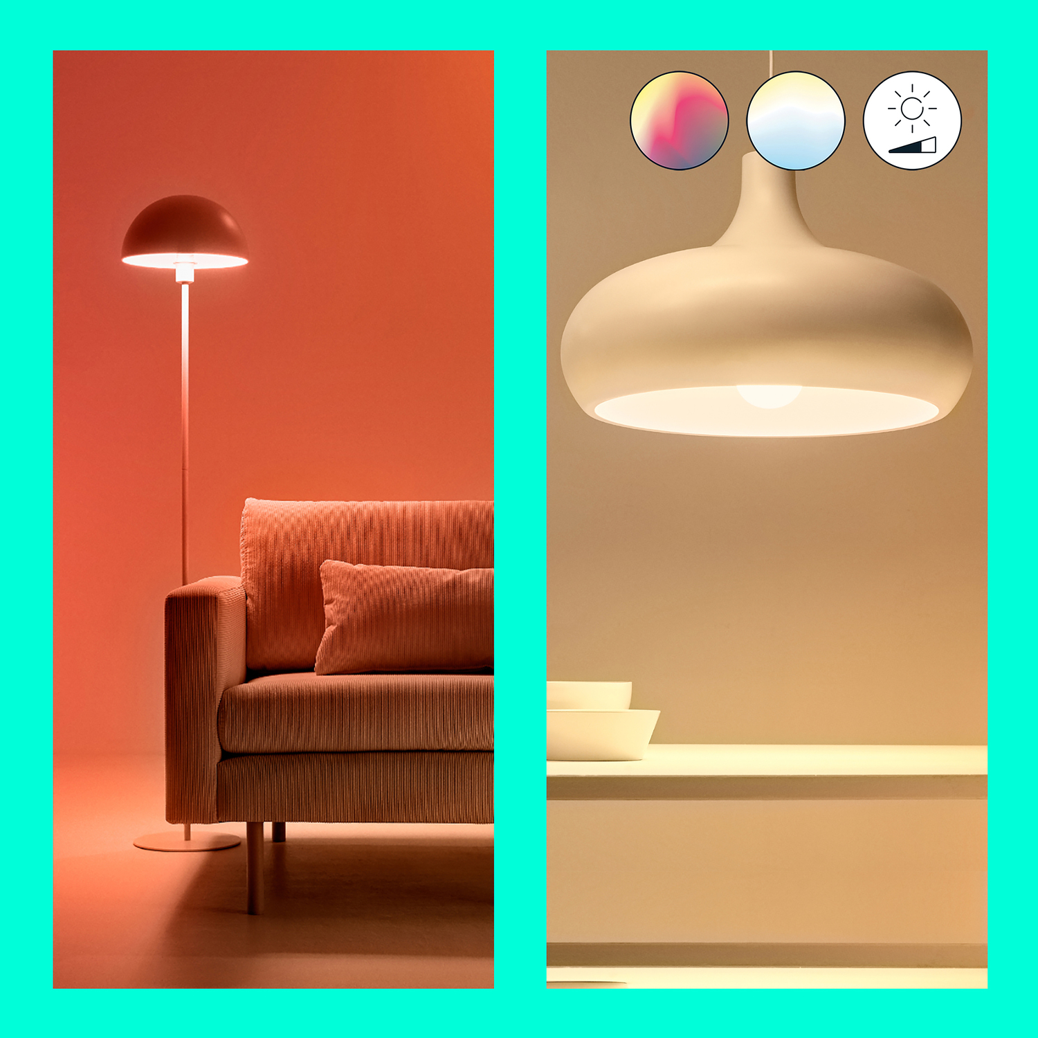 Een gesplitste afbeelding toont een vloerlamp naast een bank en een hanglamp. De lampen hebben kleur- en helderheidsaanpassingen.