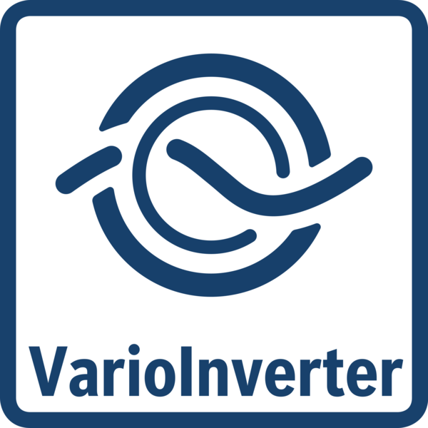 Mavi çizgilerden oluşan bir şekle sahip logo. Altında, mavi bir kare içinde, mavi renkte VarioInverter kelimesi yer almaktadır.