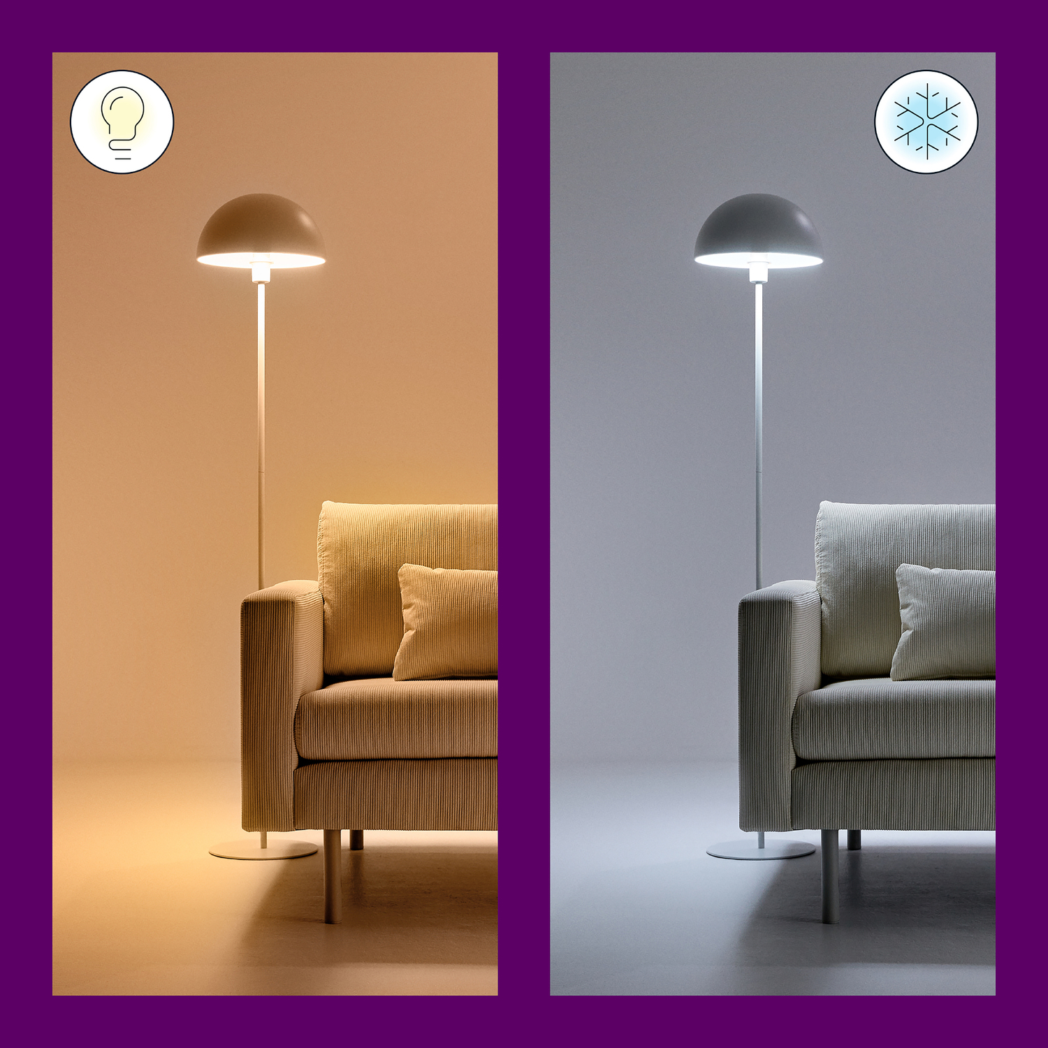 Twee afbeeldingen naast elkaar, een warme, een koele. Elk toont een lamp en een bank. Gloeilamp- en sneeuwvlokpictogrammen geven warm en koel licht aan.