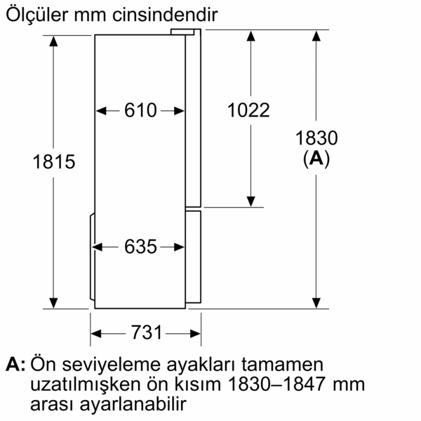 Buzdolabının boyutlarını gösteren diyagram. Ölçüler mm cinsinden: yükseklik 1815, genişlik 731, derinlik 635. Türkçe metin.