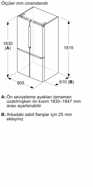 Milimetre cinsinden boyutları olan bir buzdolabının diyagramı. Metin, ayarlanabilir yükseklik ve flanş gereksinimleri hakkında ayrıntılar içerir.