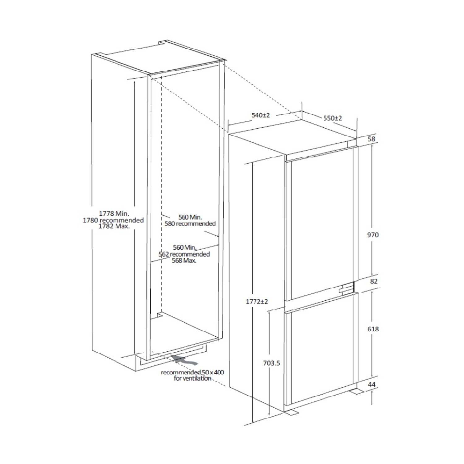 Schema di un frigorifero con dimensioni e raccomandazioni di ventilazione. Mostra il frigorifero e il suo spazio.
