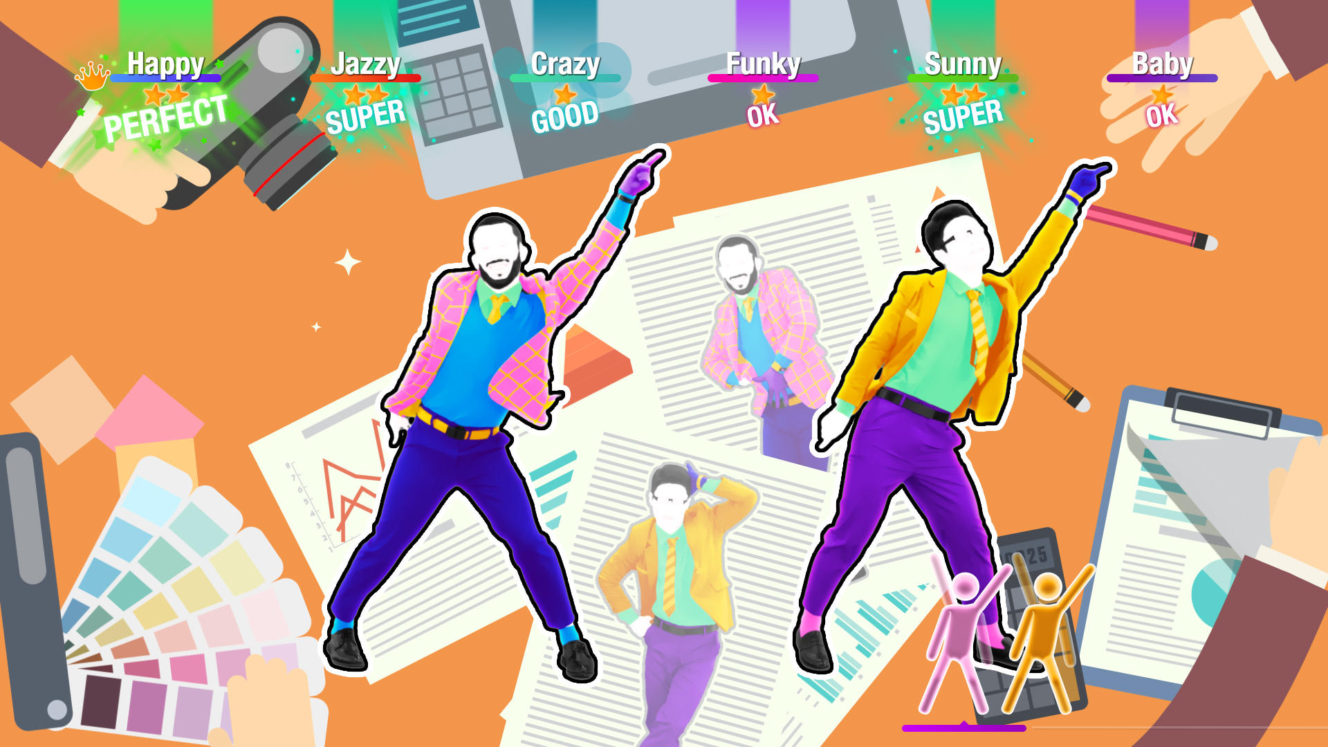 Ein lebendiges Bild mit Figuren in bunten Anzügen. Die Szene beinhaltet Diagramme, Stifte und Textüberlagerungen wie 'Happy' und 'Sunny'.