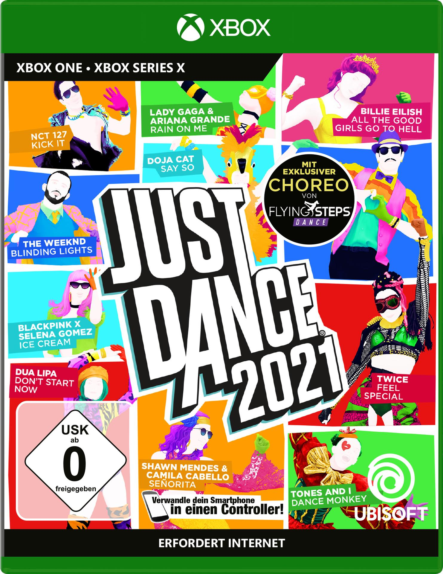 Spielcover von Just Dance 2021. Mit Künstlern wie Billie Eilish, Dua Lipa und mehr. Xbox-Logo oben.