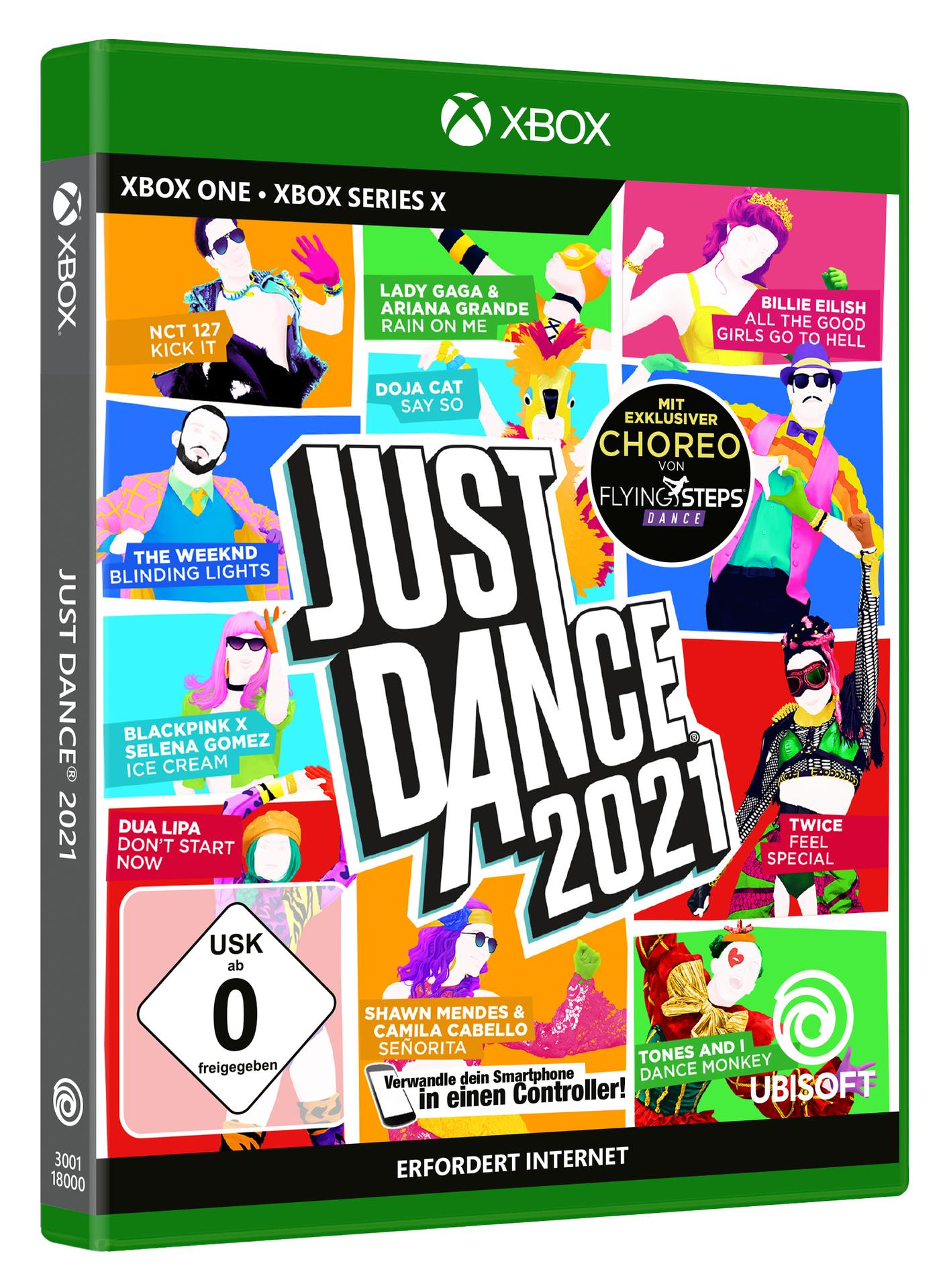 Just Dance 2021 Xbox-Spielcover. Enthält Künstler wie The Weeknd, Dua Lipa und Billie Eilish. Buntes Design mit tanzenden Figuren.