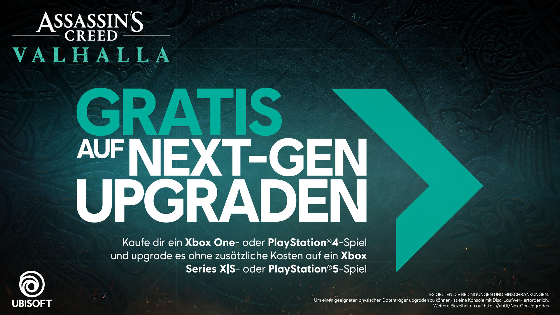 Assassin's Creed Valhalla Werbung: 'KOSTENLOSES UPGRADE'. Grüner Pfeil, Ubisoft-Logo. Text zu Xbox- und Playstation-Upgrades.