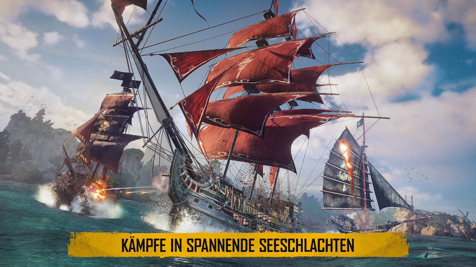 Piratenschiffe in einer Seeschlacht. Rote Segel, Kanonenfeuer und stürmische Wellen dominieren die Szene. Berge und blauer Himmel im Hintergrund.