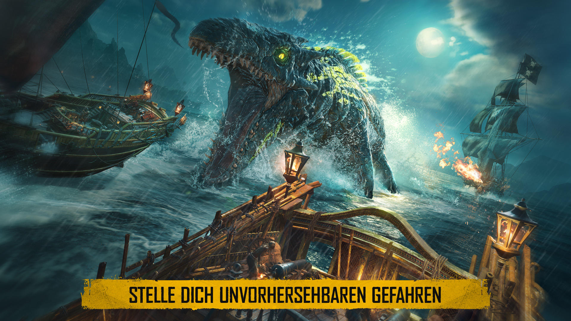 Eine Seeschlacht mit einem riesigen Seeungeheuer, das Schiffe angreift. Der Himmel ist dunkel und das Meer ist stürmisch.