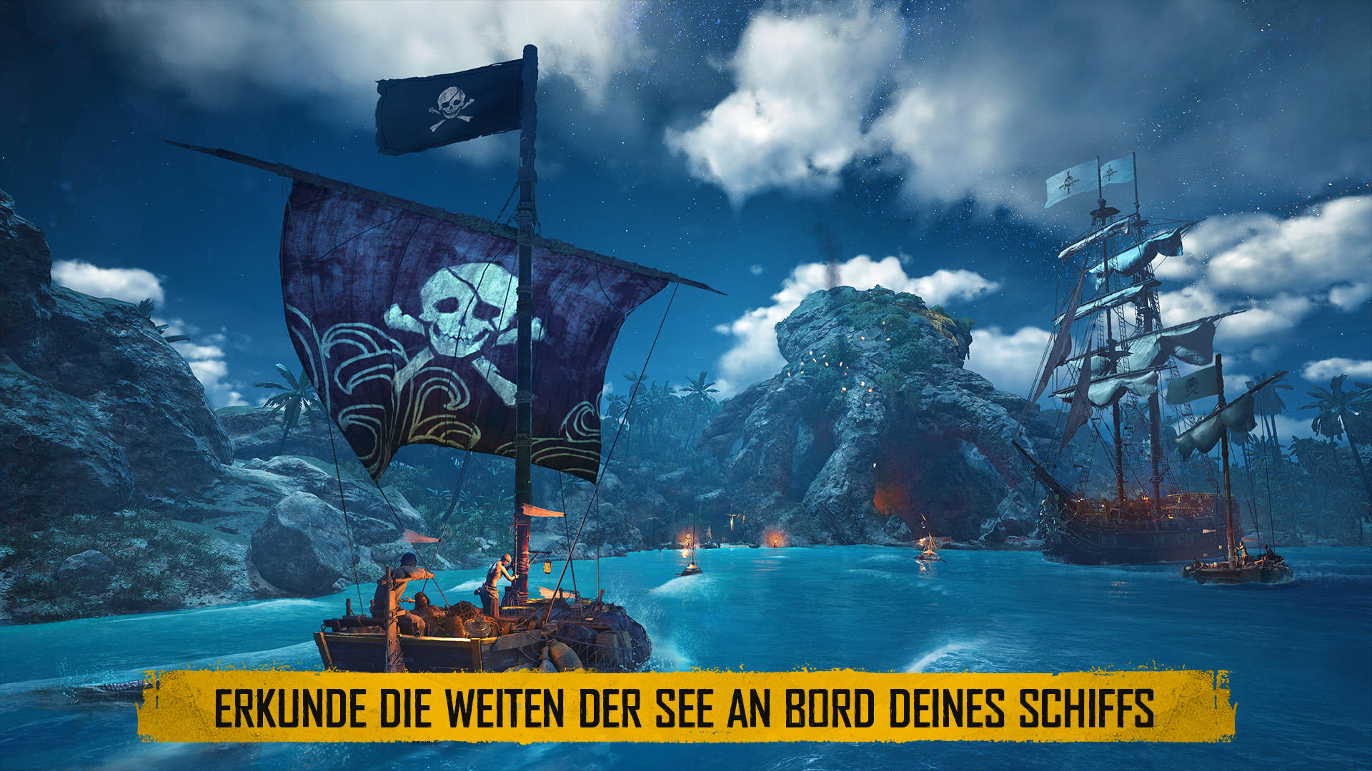 Piratenschiffe auf dem Meer. Ein Schiff hat eine Totenkopfflagge. Dunkelblaues Wasser und Himmel. Tropische Insel im Hintergrund.