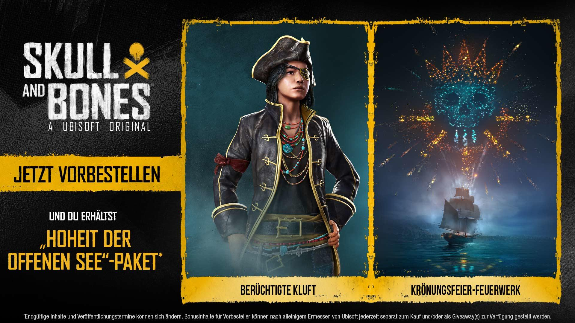 Ein Pirat mit Augenklappe steht da. Skull and Bones-Spiel-Logo links. Feuerwerk in Schädelform rechts.