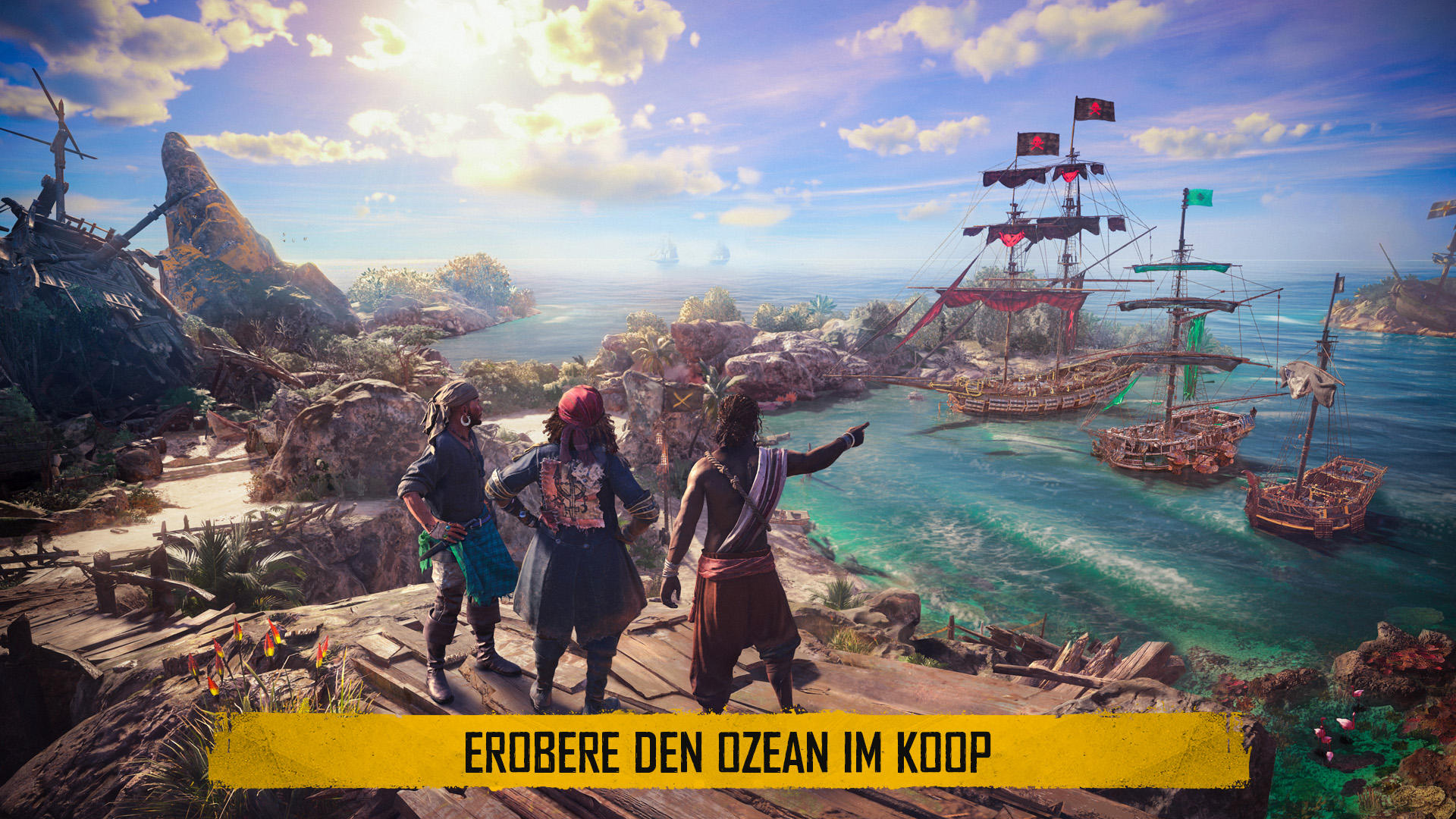 Drei Piraten auf einer Klippe betrachten Schiffe in einer Bucht. Einer zeigt. Schiffe haben rote und schwarze Flaggen.