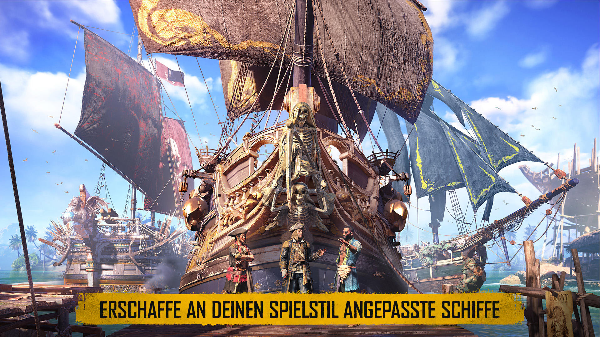 Ein Piratenschiff mit Skelett-Galionsfigur, Segeln und drei Figuren an Deck. Blauer Himmel und andere Schiffe im Hintergrund.