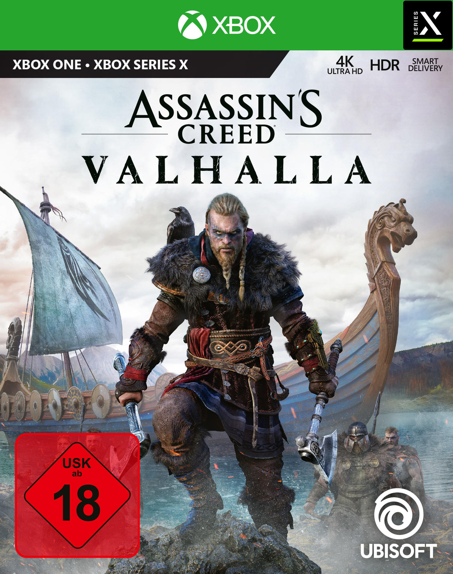 Cover des Spiels Assassin's Creed Valhalla. Ein Wikinger steht mit Äxten, ein Langschiff segelt, und ein Rabe sitzt auf seiner Schulter.