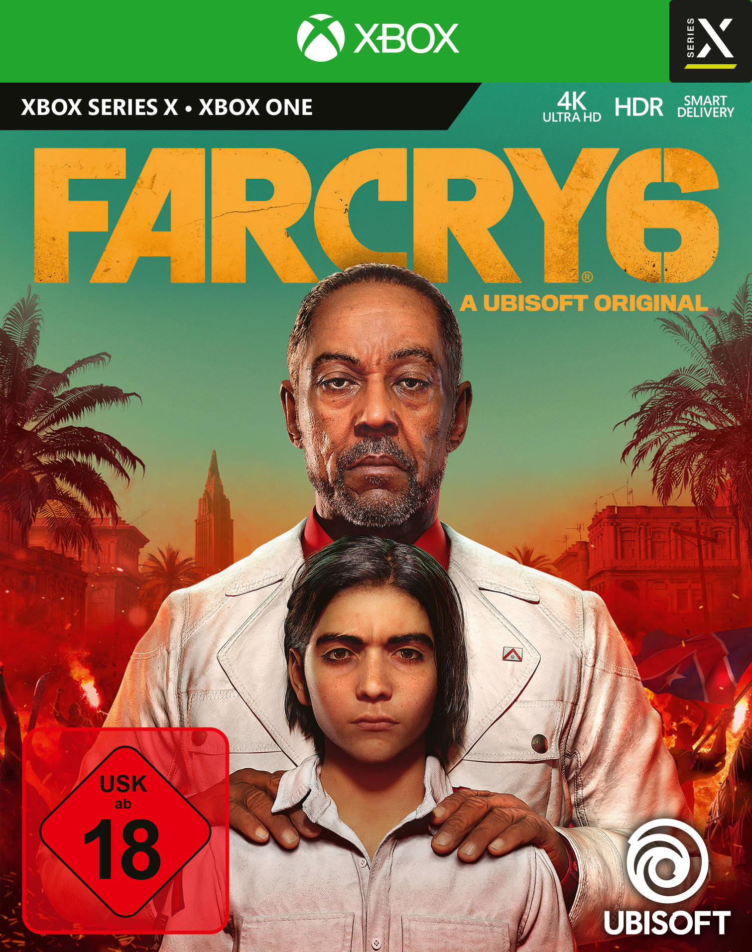 Far Cry 6-Spielcover. Mann und junger Mensch stehen. Im Hintergrund eine Stadt in Flammen und das Ubisoft-Logo.