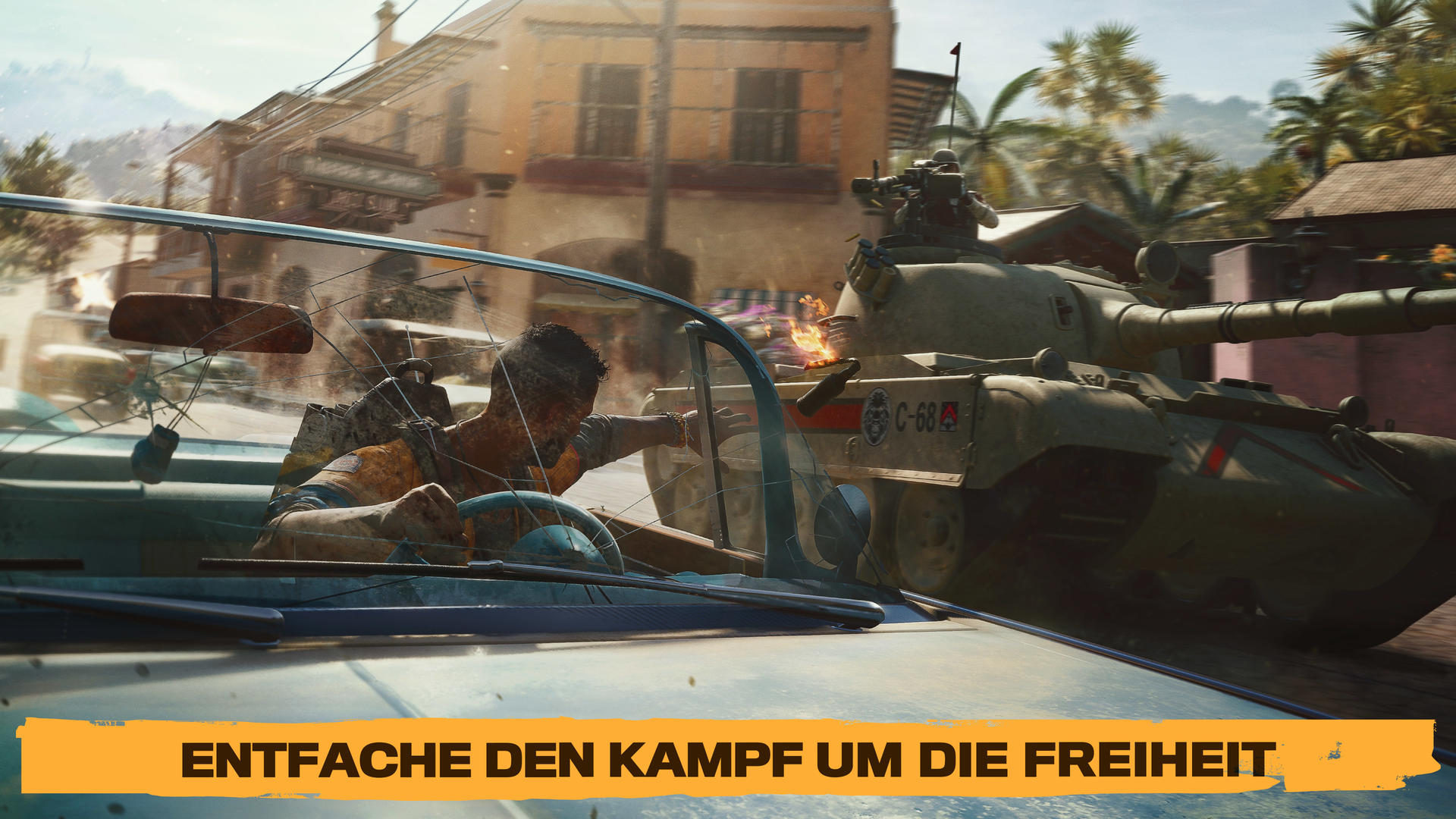 Eine Person in einem Auto kämpft gegen einen Panzer. Im Hintergrund ist eine Stadt zu sehen.