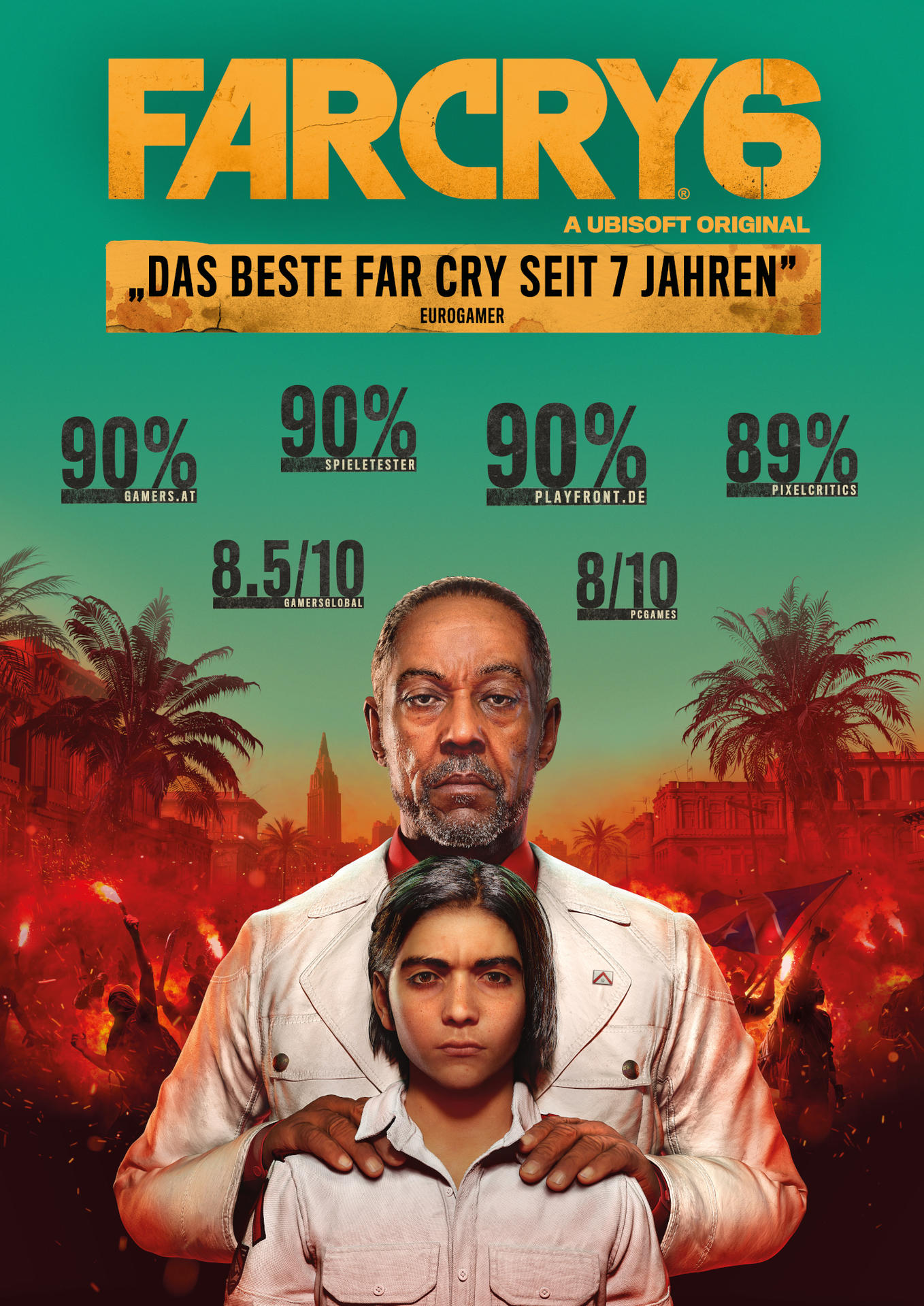 Far Cry 6-Spiel-Cover. Mann und Junge vor einem feurigen Hintergrund. Bewertungen von mehreren Quellen befinden sich oben im Bild.