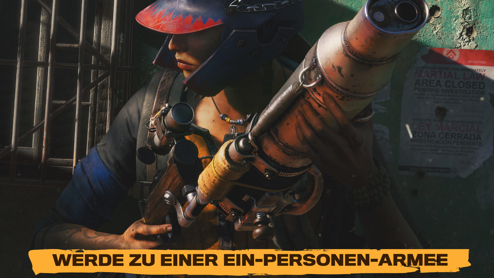 Eine Person in Militäruniform hält eine große Waffe. Rechts befindet sich ein Plakat mit Text. Der Hintergrund ist grün.