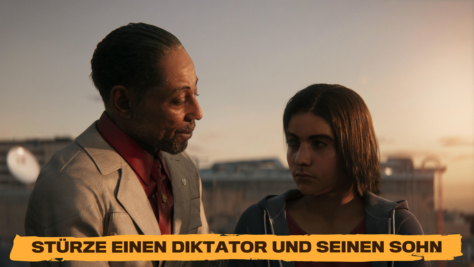 Ein Mann im Anzug blickt einen jungen Menschen an. Unten steht: "Stürze einen Diktator und seinen Sohn."