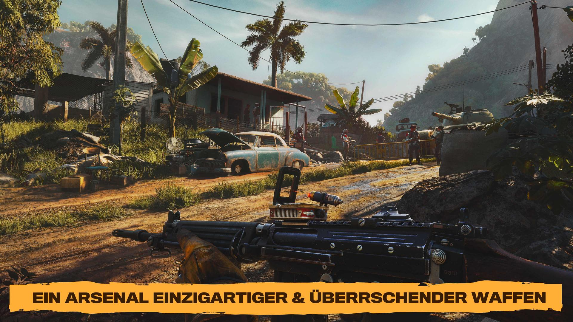 Ego-Perspektive einer Waffe. Im Hintergrund sind ein Auto, Soldaten, ein Panzer und Gebäude unter sonnigem Himmel zu sehen.