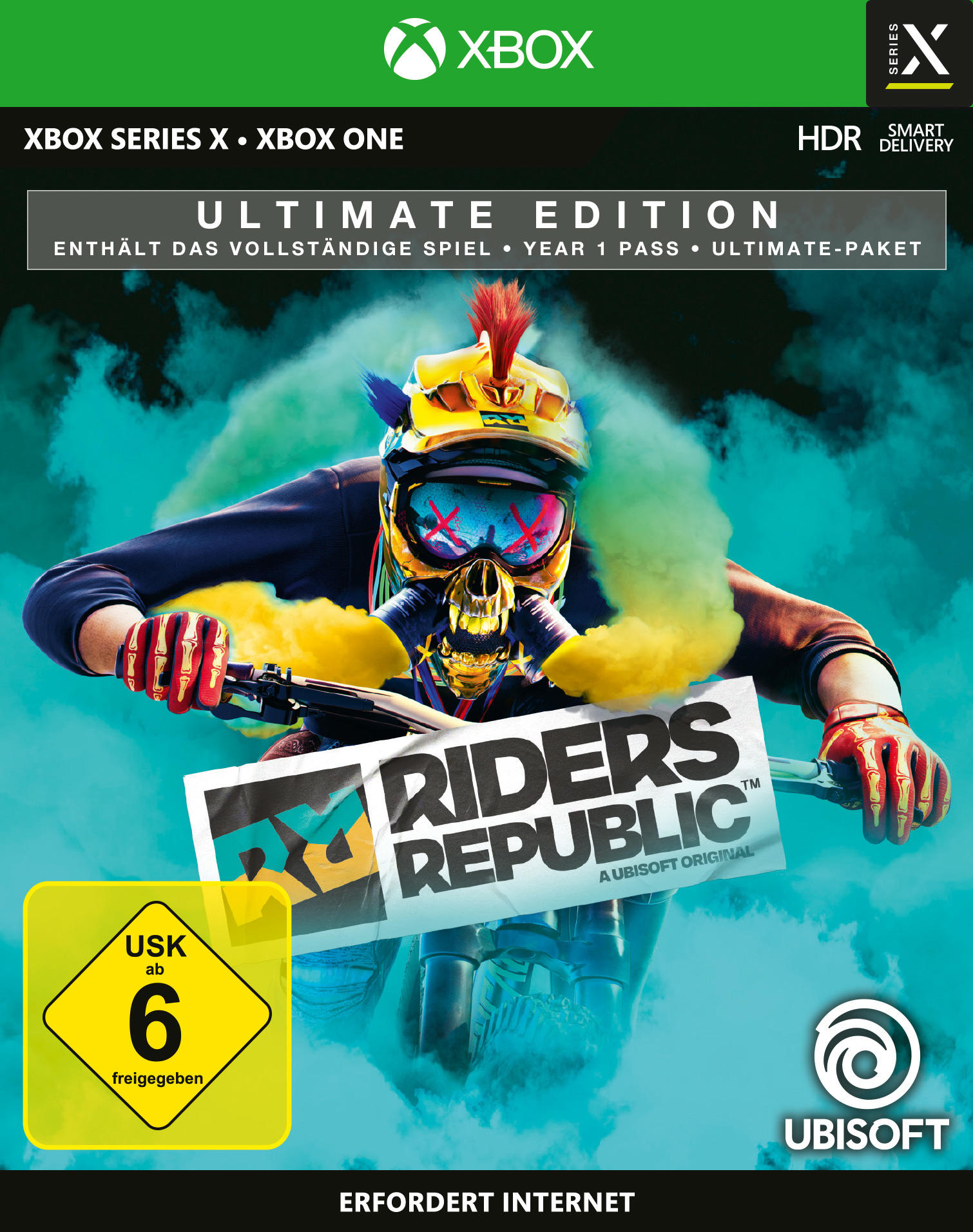 Spielcover. Ein Fahrer mit Helm auf einem Motorrad, der Spieletitel ist Riders Republic. Der Hintergrund ist blau und grün.