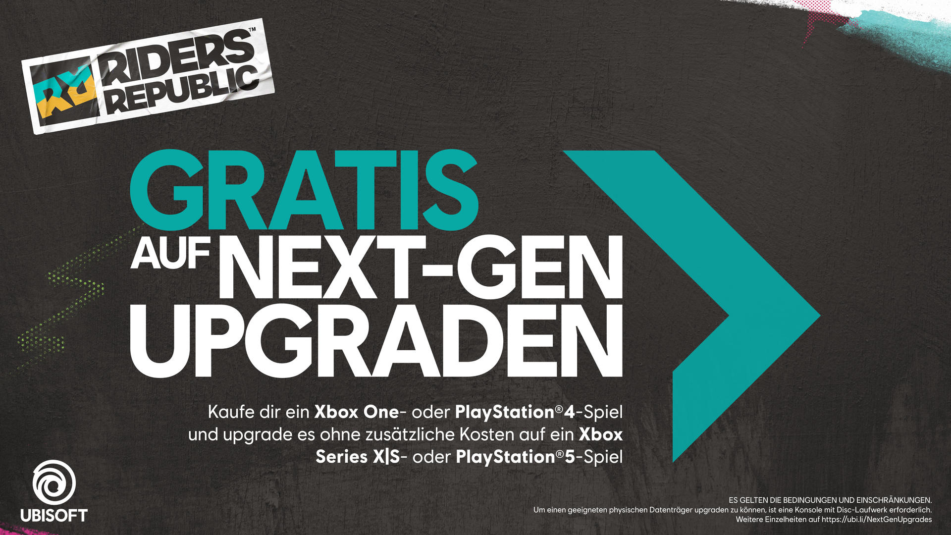 Werbebild für Riders Republic. Text lautet 'GRATIS AUF NEXT-GEN UPGRADEN.' Bietet ein kostenloses Upgrade für Xbox One/PlayStation 4-Spiele.