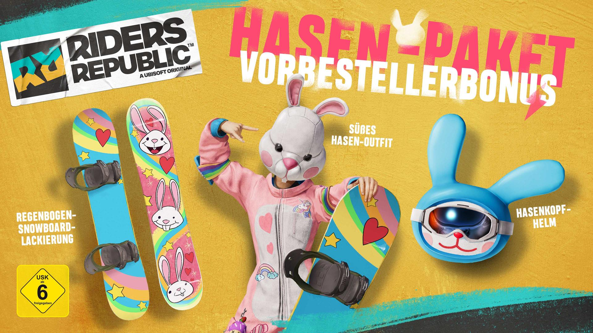 Werbebild für das Spiel Riders Republic. Zeigt ein Hasenkostüm, Snowboards und einen Hasenhelm vor gelbem Hintergrund.