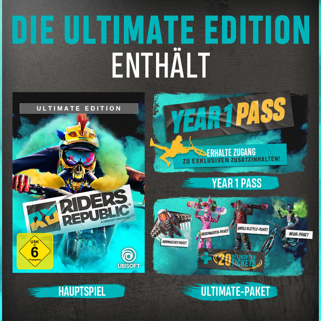 Werbebild für Riders Republic Ultimate Edition. Enthält Spielbox, Year 1 Pass, kosmetische Pakete und Helikopter-Tickets.