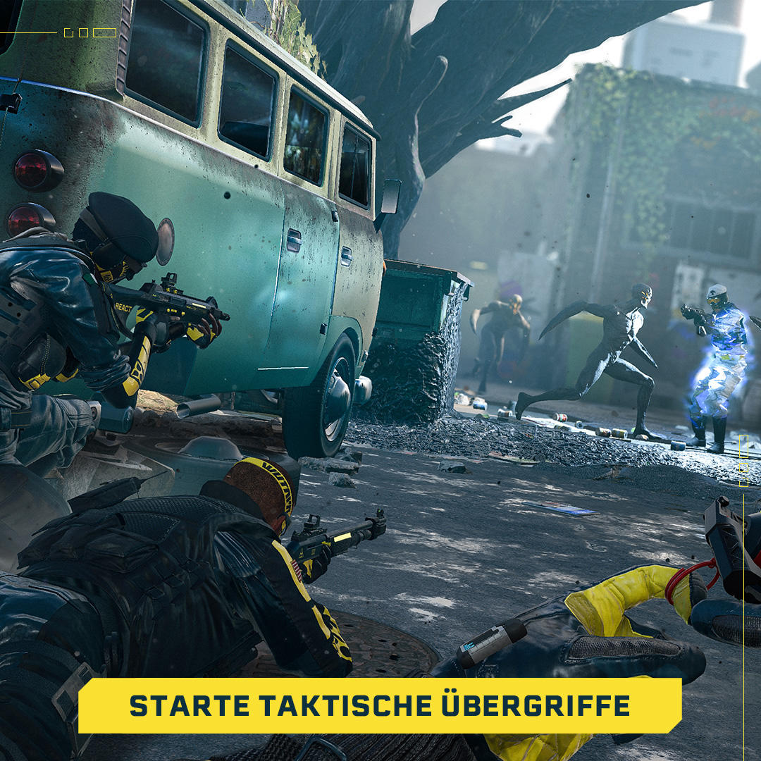 Soldaten in taktischer Ausrüstung zielen mit Waffen in der Nähe eines Transporters. Andere Figuren rennen durch eine kriegszerstörte Straße.