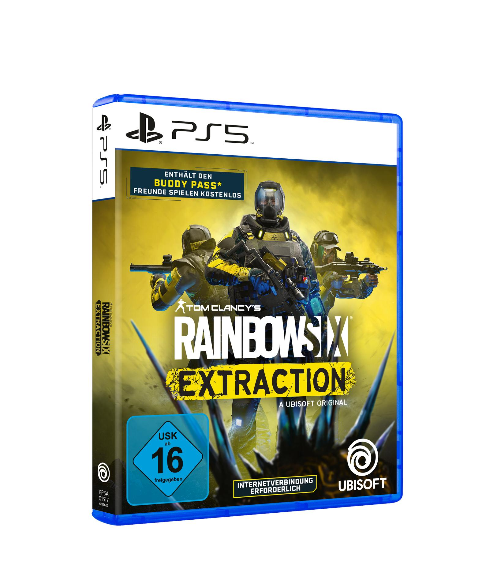 Spielbox-Art für Tom Clancy's Rainbow Six Extraction. Mit drei Soldaten in taktischer Ausrüstung, die Waffen halten.