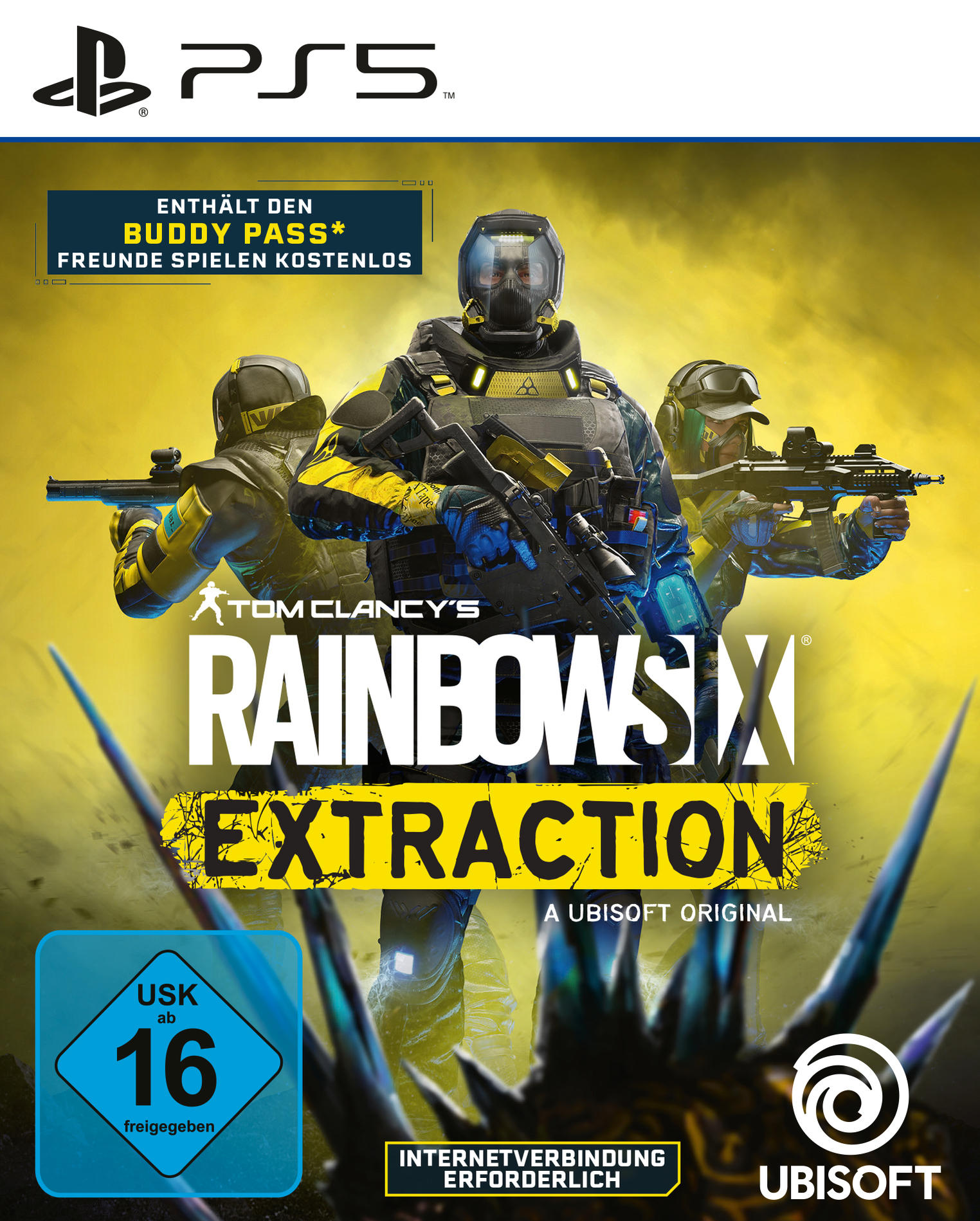 Cover für Rainbow Six Extraction. Drei Soldaten in Kampfausrüstung mit Waffen vor gelb-schwarzem Hintergrund.