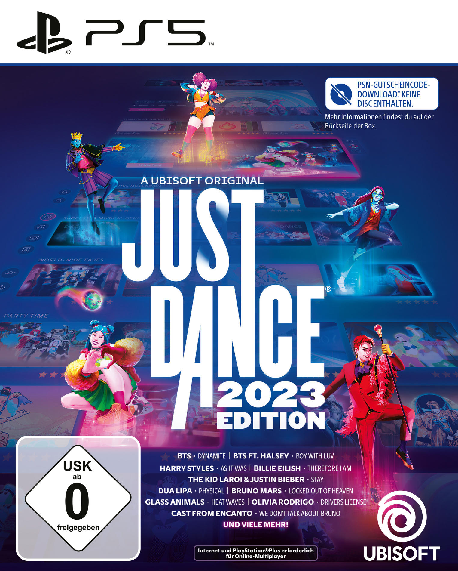 Spielcover von Just Dance 2023 Edition. Figuren in bunten Outfits tanzen vor dunklem Hintergrund. Logos von PS5 und Ubisoft sind sichtbar.