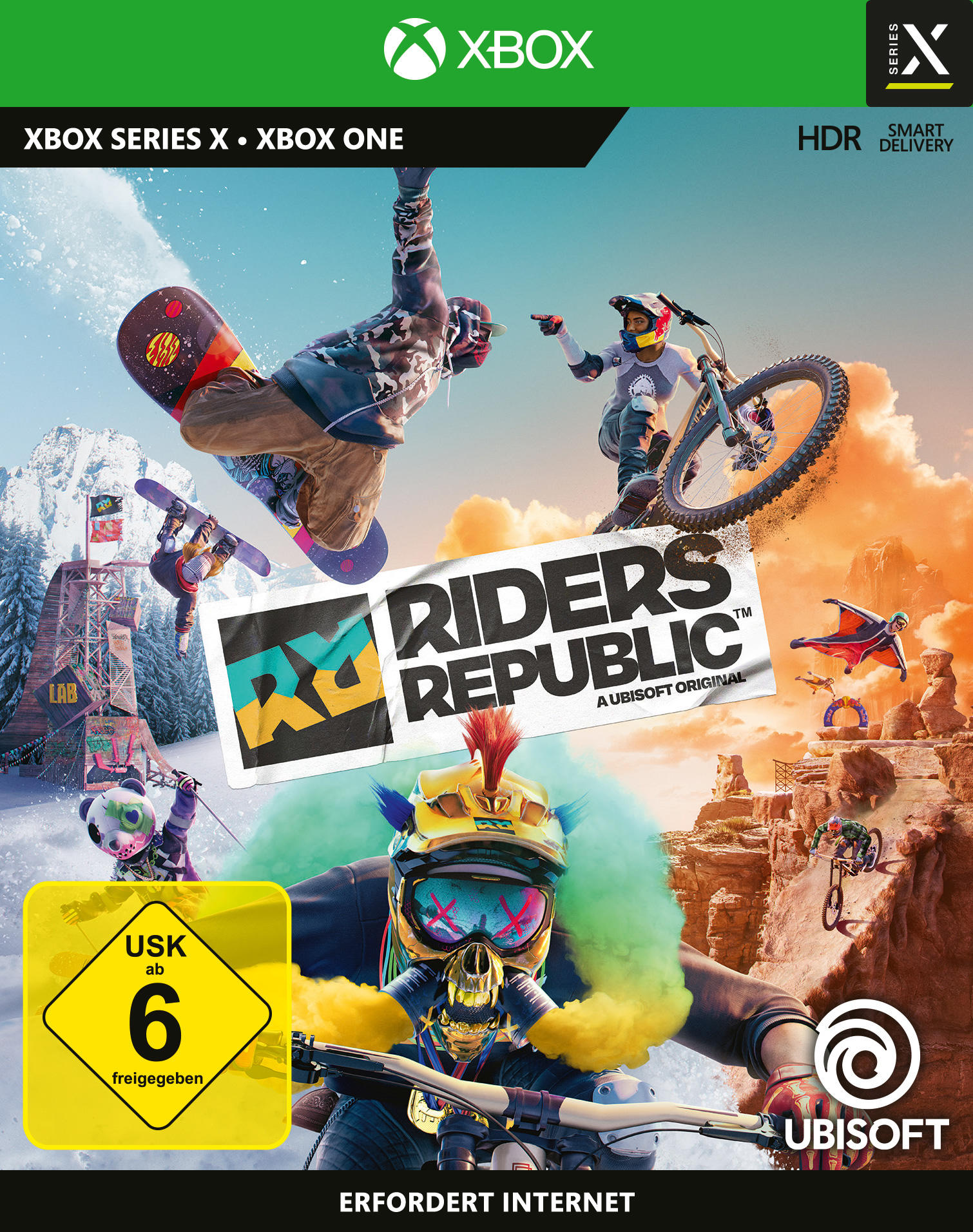 Cover-Art für das Spiel Riders Republic. Extremsport-Thema, mit Snowboarder, Biker, Wingsuit-Flieger und Panda. Xbox-Logo vorhanden.
