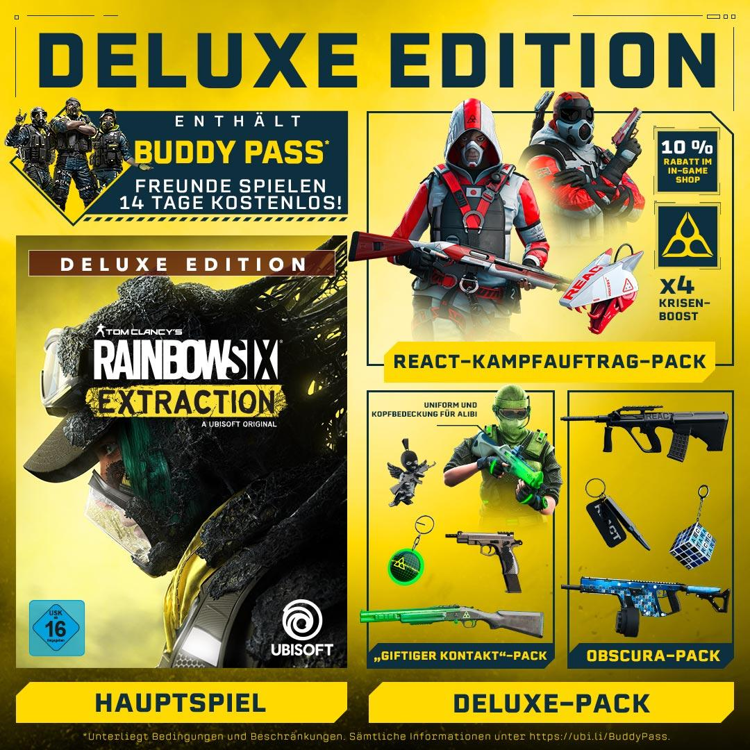 Spiel-Box-Art für Rainbow Six Extraction Deluxe Edition. Enthält Charaktere, Waffen und In-Game-Gegenstände mit Textüberlagerungen.