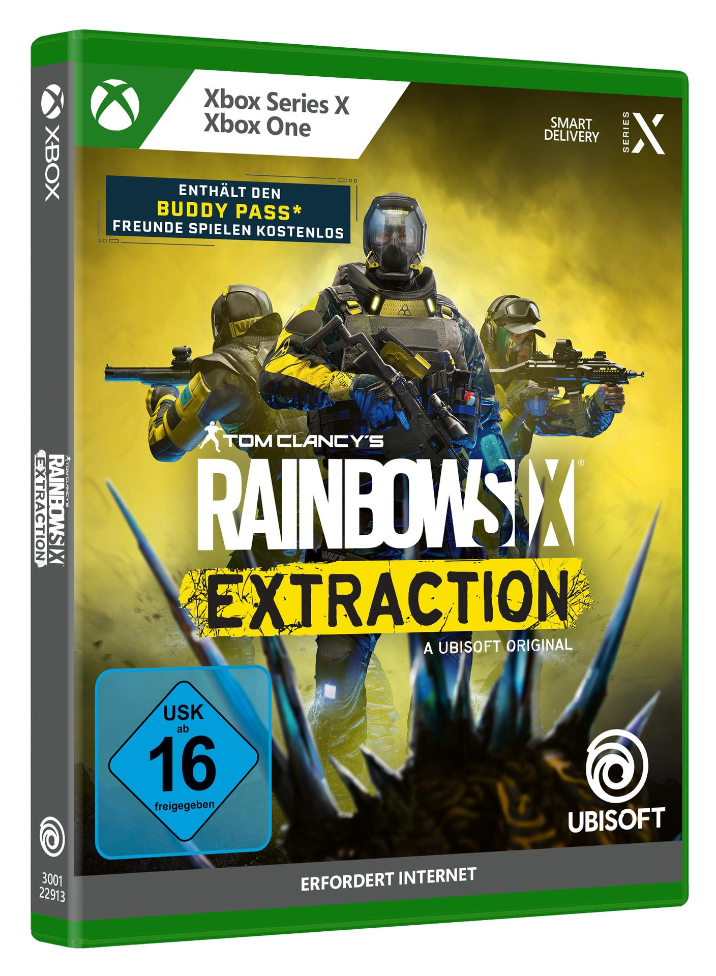 Spielcover. Rainbow Six Extraction, Soldaten mit Waffen. Xbox Series X & One. Ubisoft-Logo. USK 16.