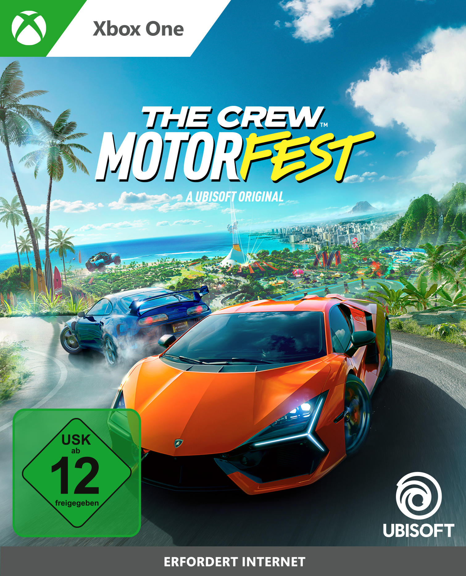 Spieletitel: Ein orangefarbenes Auto fährt Rennen, ein blaues Auto folgt. Palmen, blauer Himmel, Text 'The Crew Motorfest'.