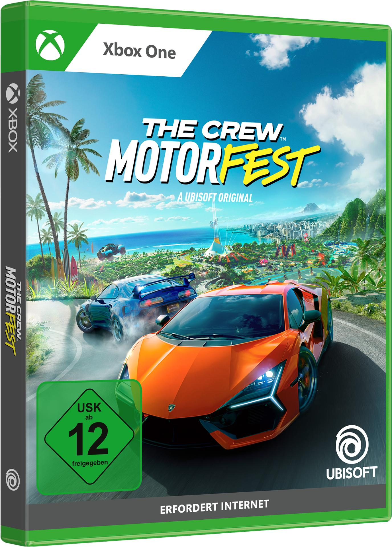 Das Spielcover zeigt ein orangefarbenes Auto, das Rennen fährt, ein blaues Auto im Hintergrund, Palmen und den Spieletitel 'The Crew Motorfest'.