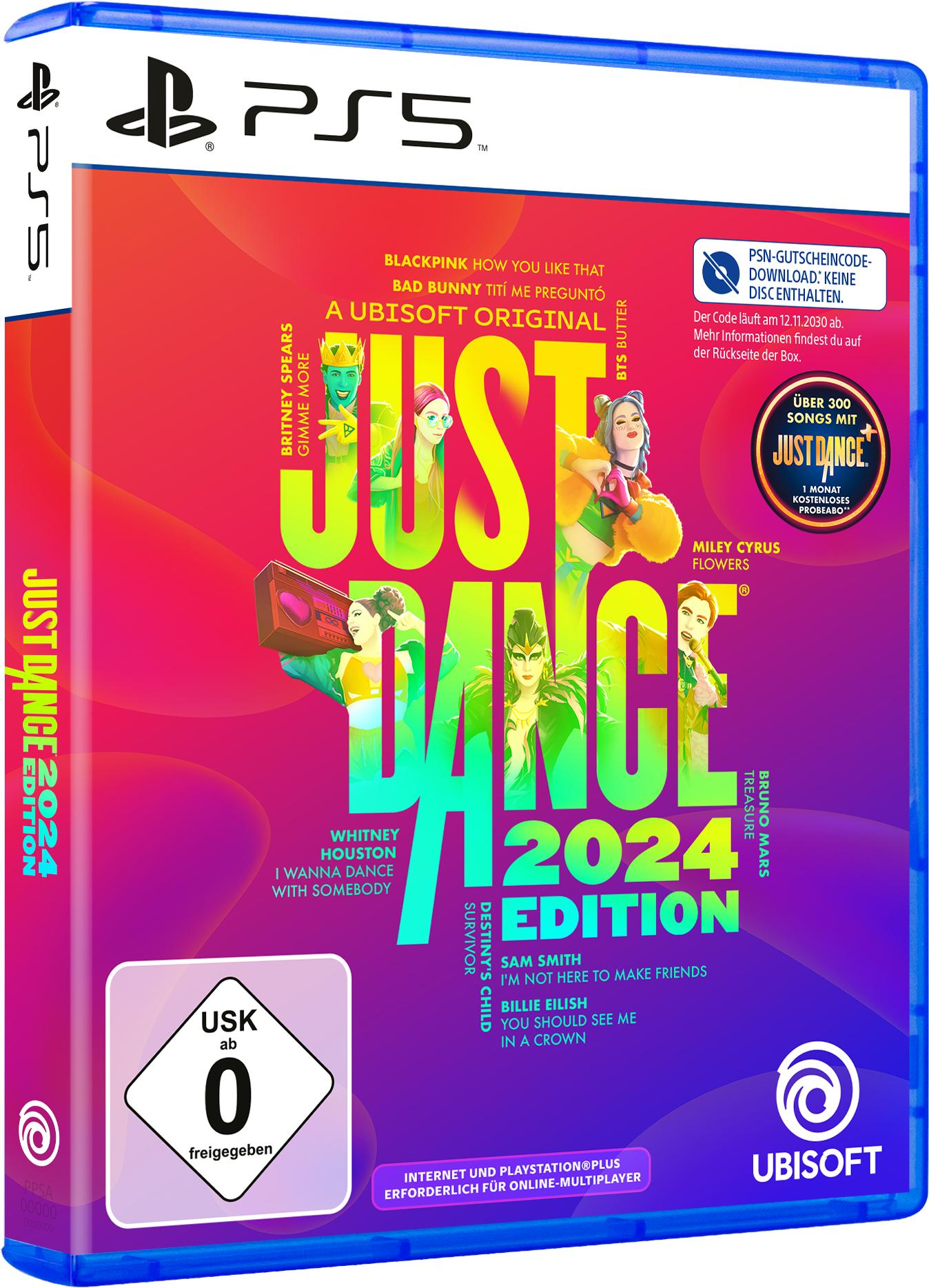 Just Dance 2024 Edition Spielbox. Mit Künstlern wie Britney Spears und Miley Cyrus. Das Cover ist bunt, mit tanzenden Figuren.